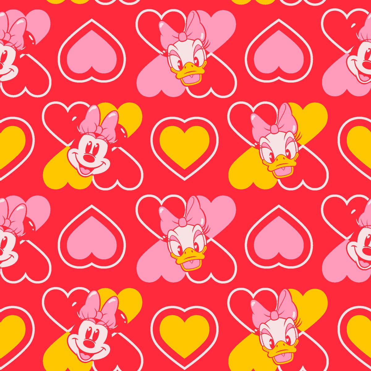 Disney Minnie Mouse and Daisy Duck Hearts Head Toss on Red Fabric