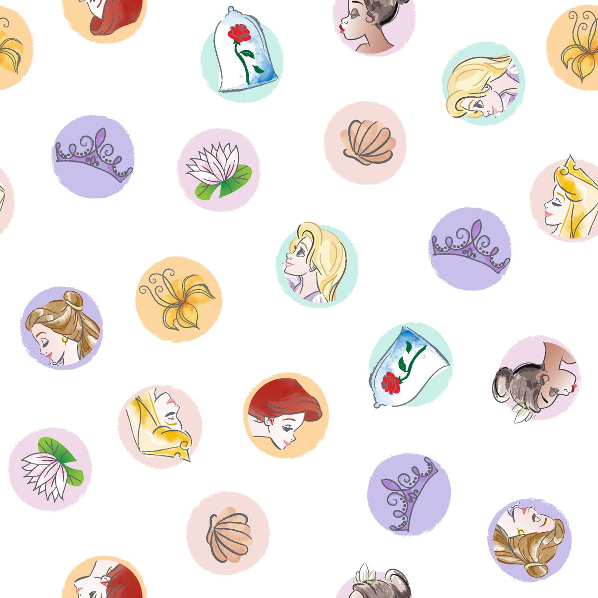 Disney Princess Icons Pattern on White Fabric