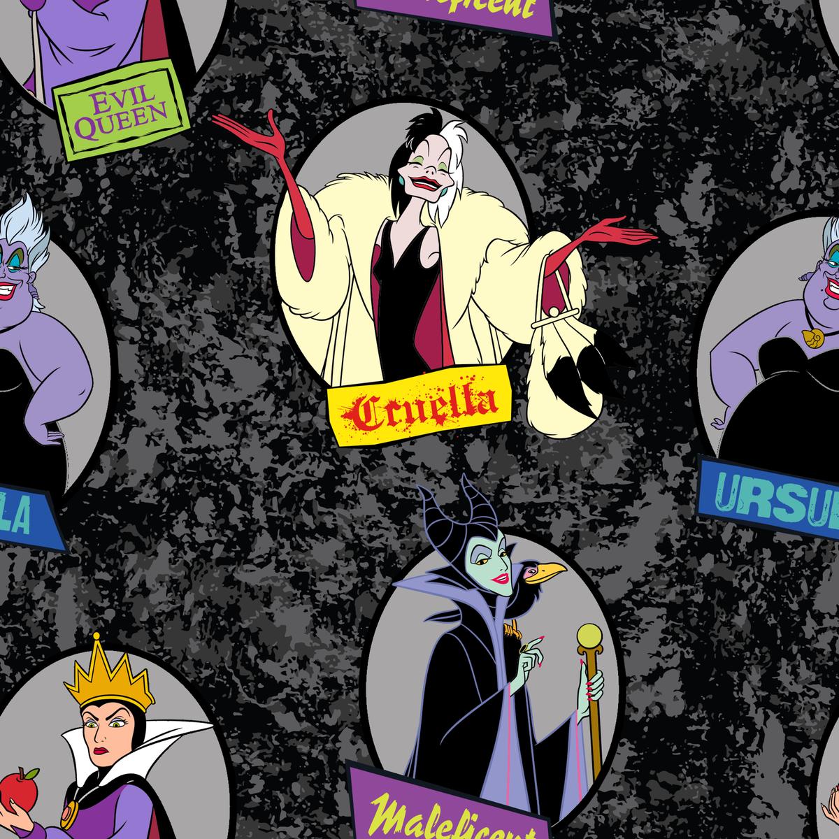 Disney Villains Character Badges on Black Fabric