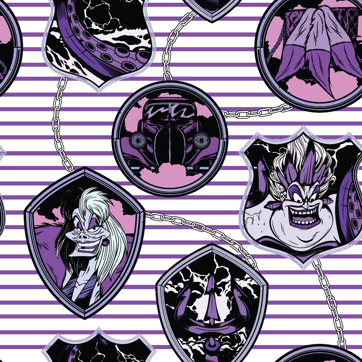 Disney Villains Medallion Charms on Purple Stripe Fabric