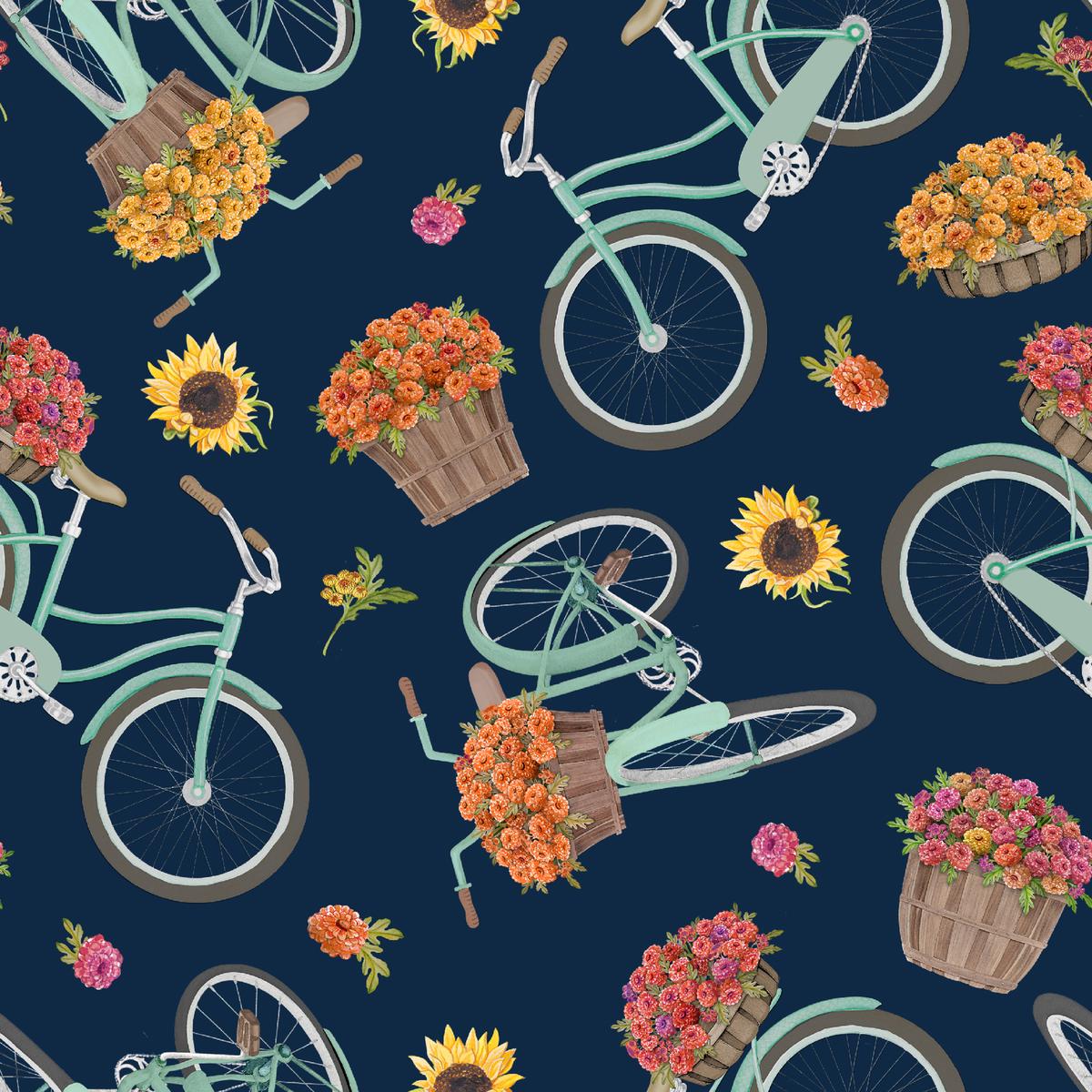 Fall Market Bicycle Blooms on Navy by Nicole Tamarin Fabric