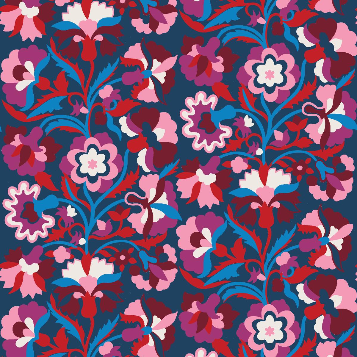 Festive Flora on Blue & Pink Fabric