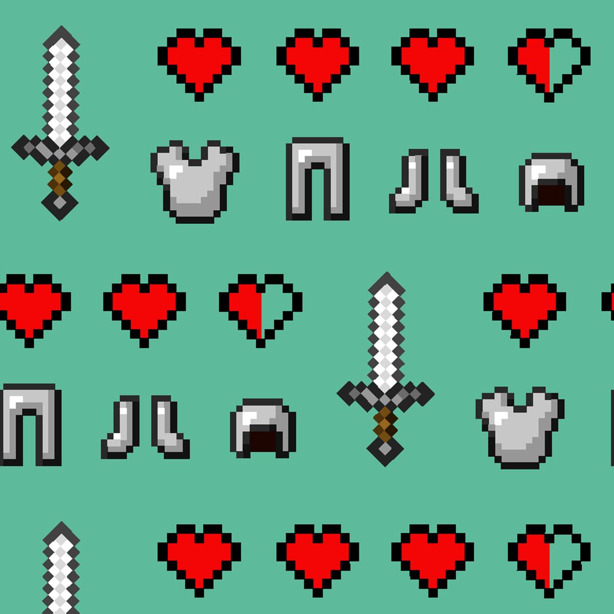 Minecraft Pixel Art Icons on Green Fabric