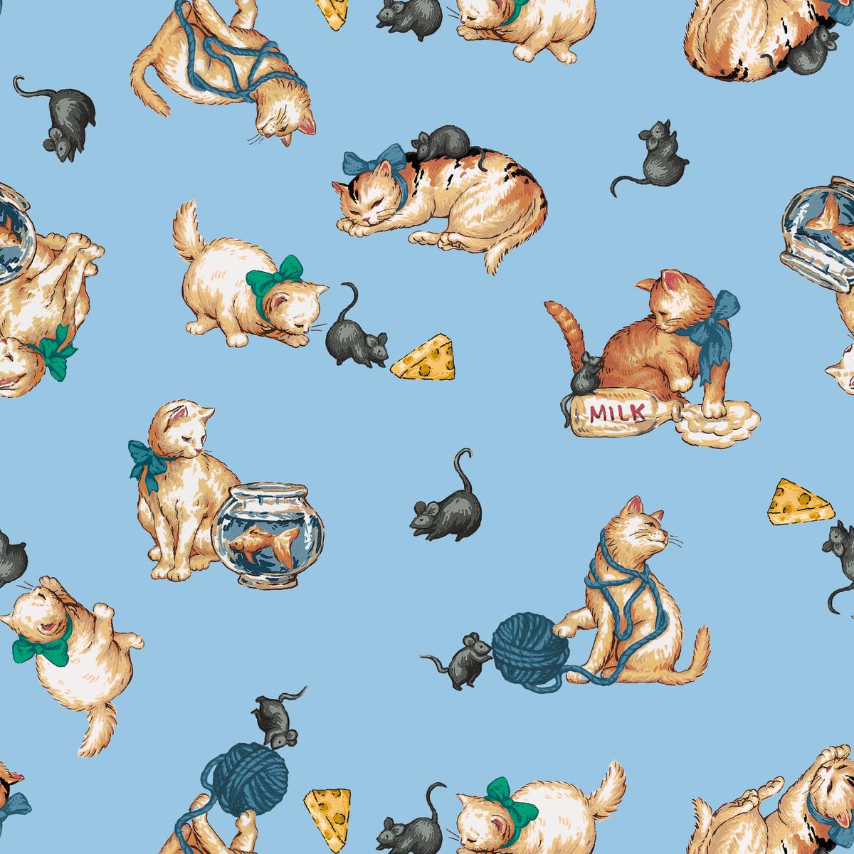 Mischievous Kitty on Blue Fabric
