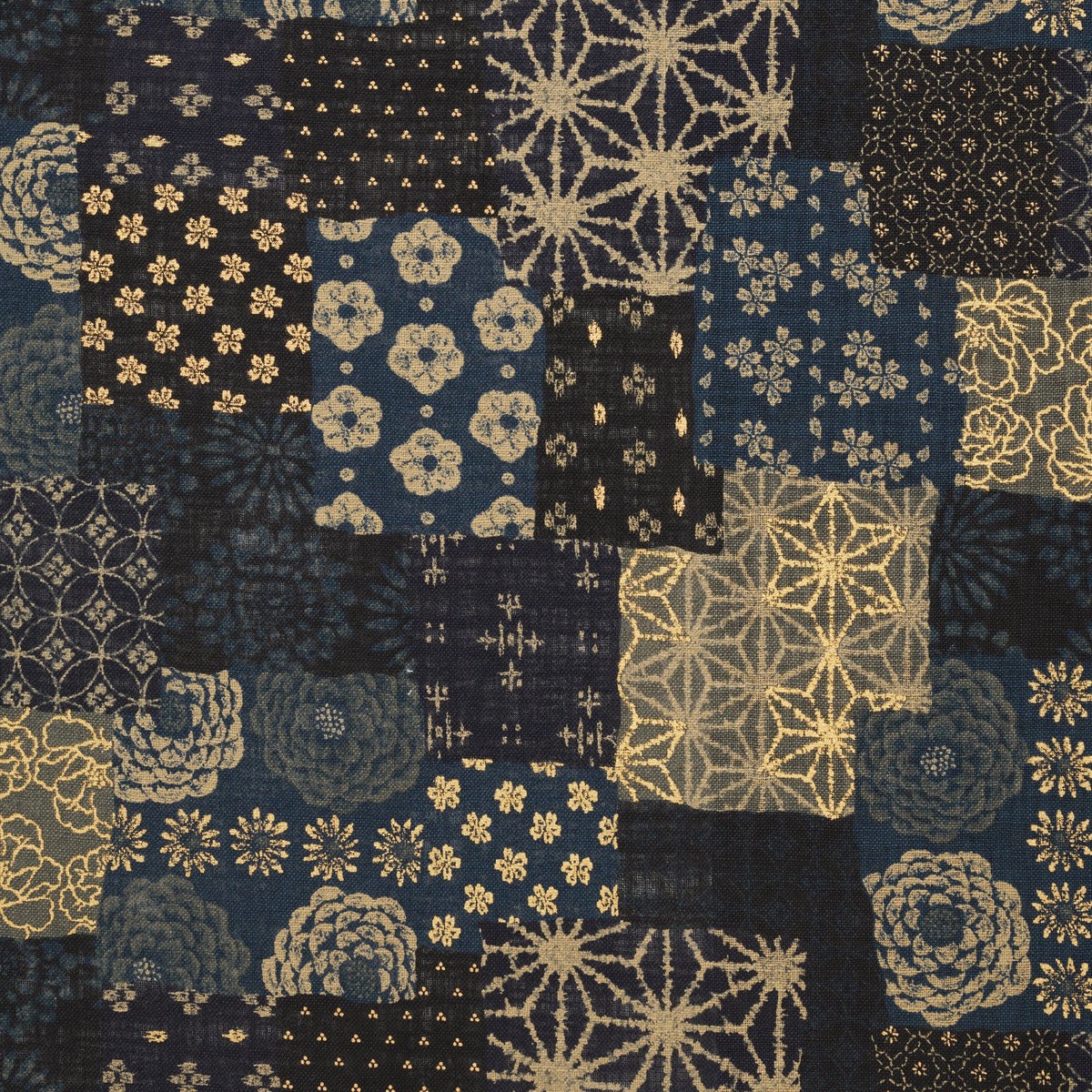 Patchwork Print Cotton Slub Fabric – Dark Navy
