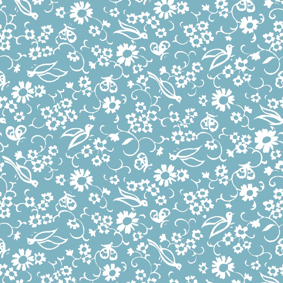 Vintage Floral Birds on Blue Fabric