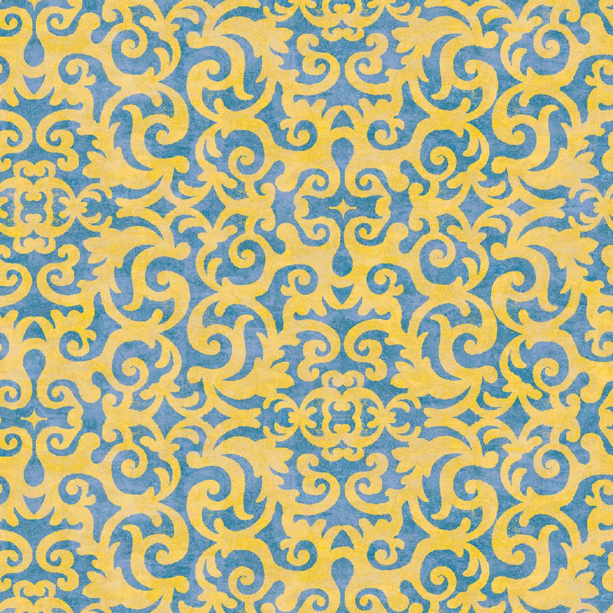 Tim Coffey – Baroque Sunshine – Golden Scroll Blue Fabric