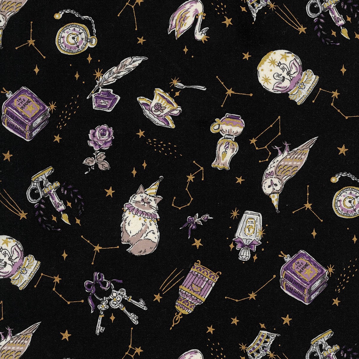 Constellation Cats Cotton Sheeting – Black