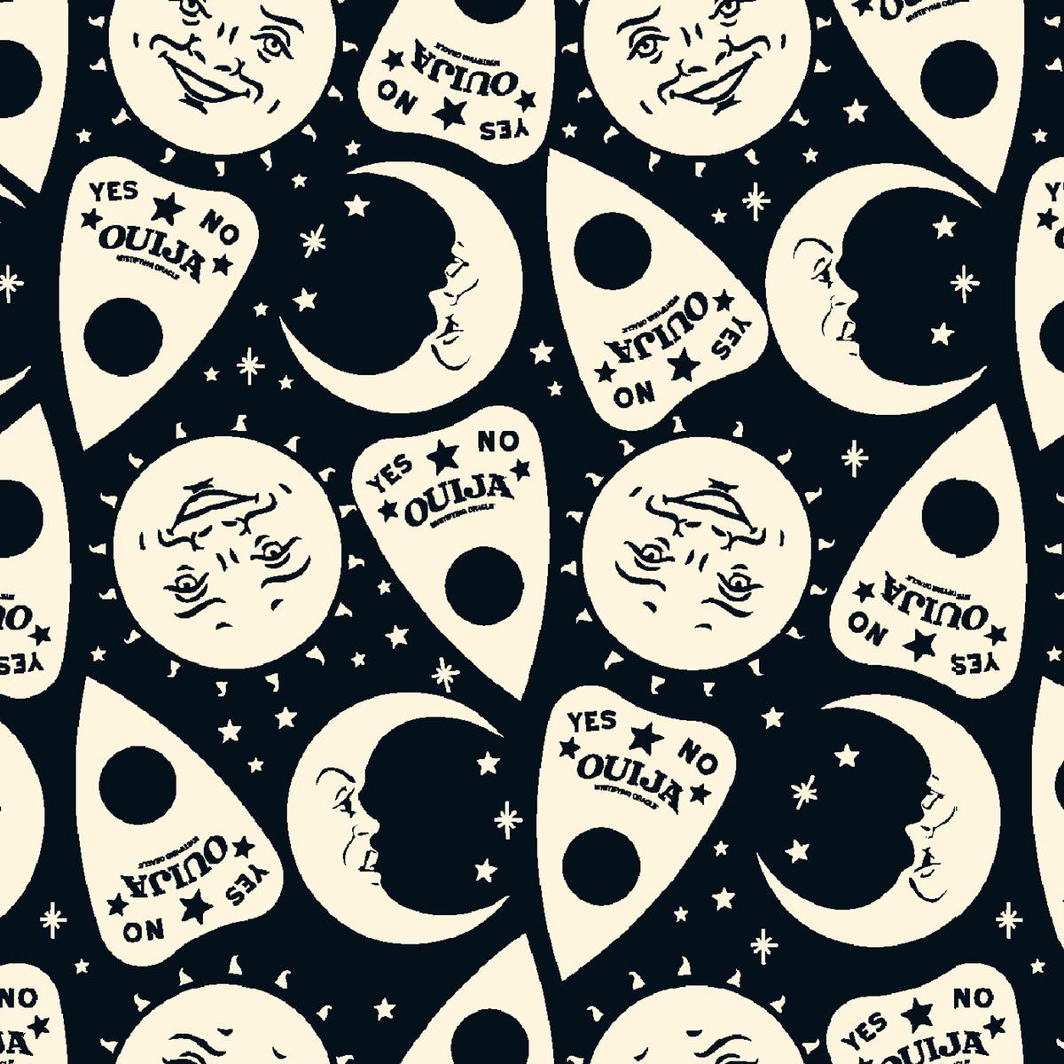 Ouija Mystical Planchette & Moon on Black Fabric
