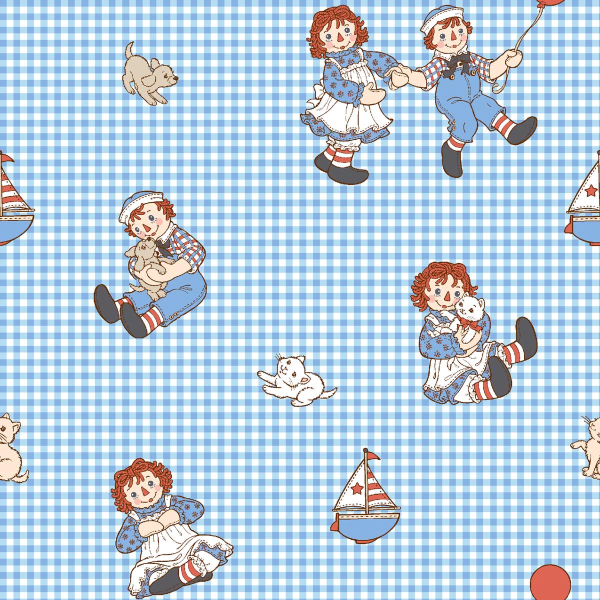 Raggedy Ann and Andy Plaid Toss Blue Fabric