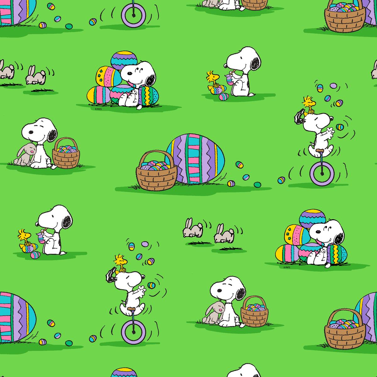 Peanuts Snoopy Easter Eggs on Green Fabric