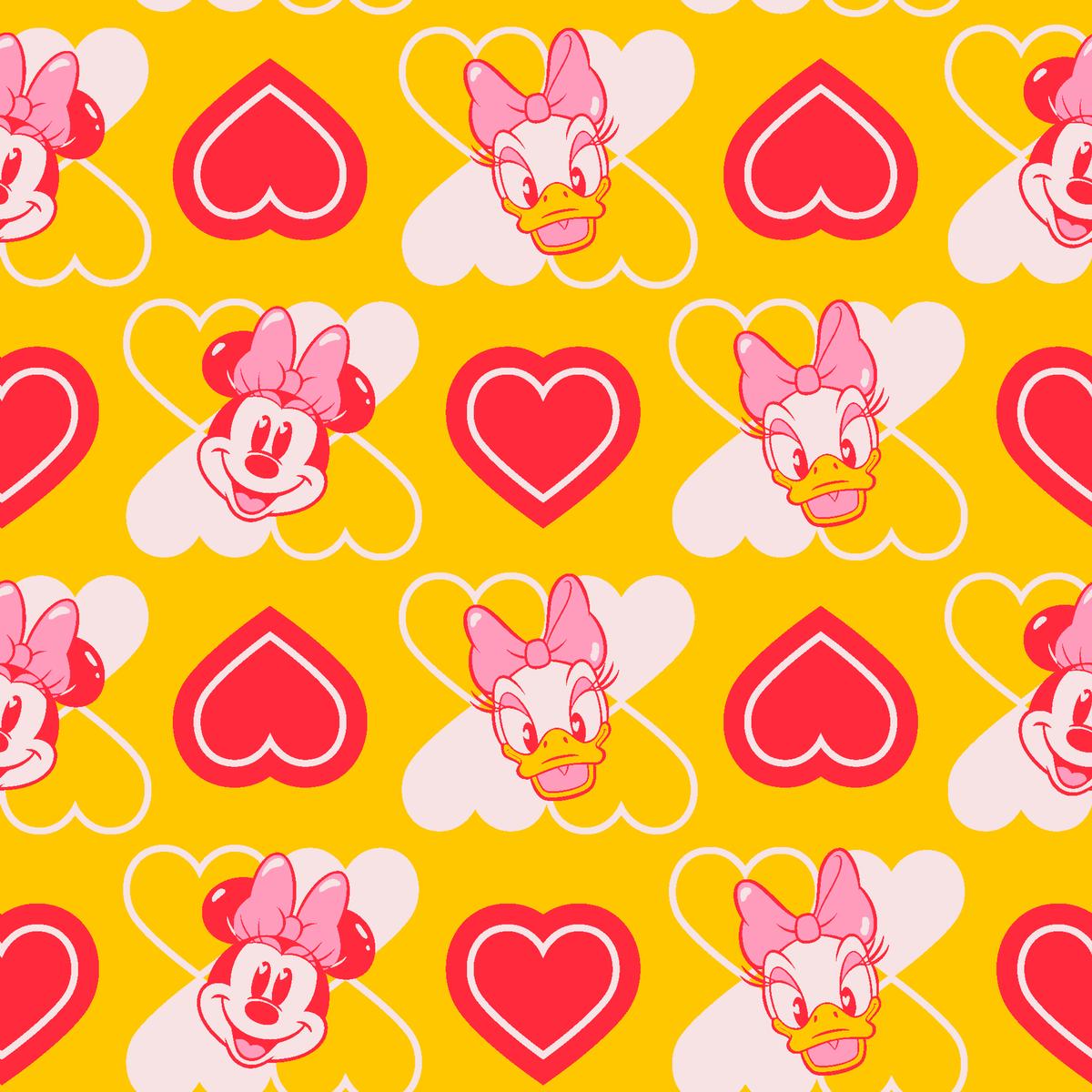 Disney Minnie Mouse and Daisy Duck Hearts Head Toss on Yellow Fabric