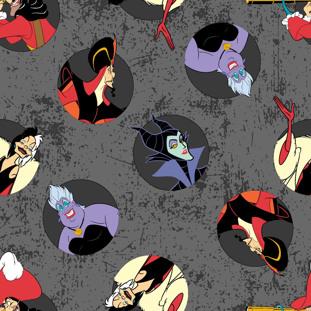 Disney Villains Badges Scatter on Gray Fabric