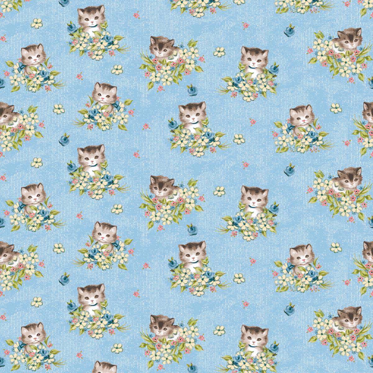 Kitten Bouquet on Blue Fabric