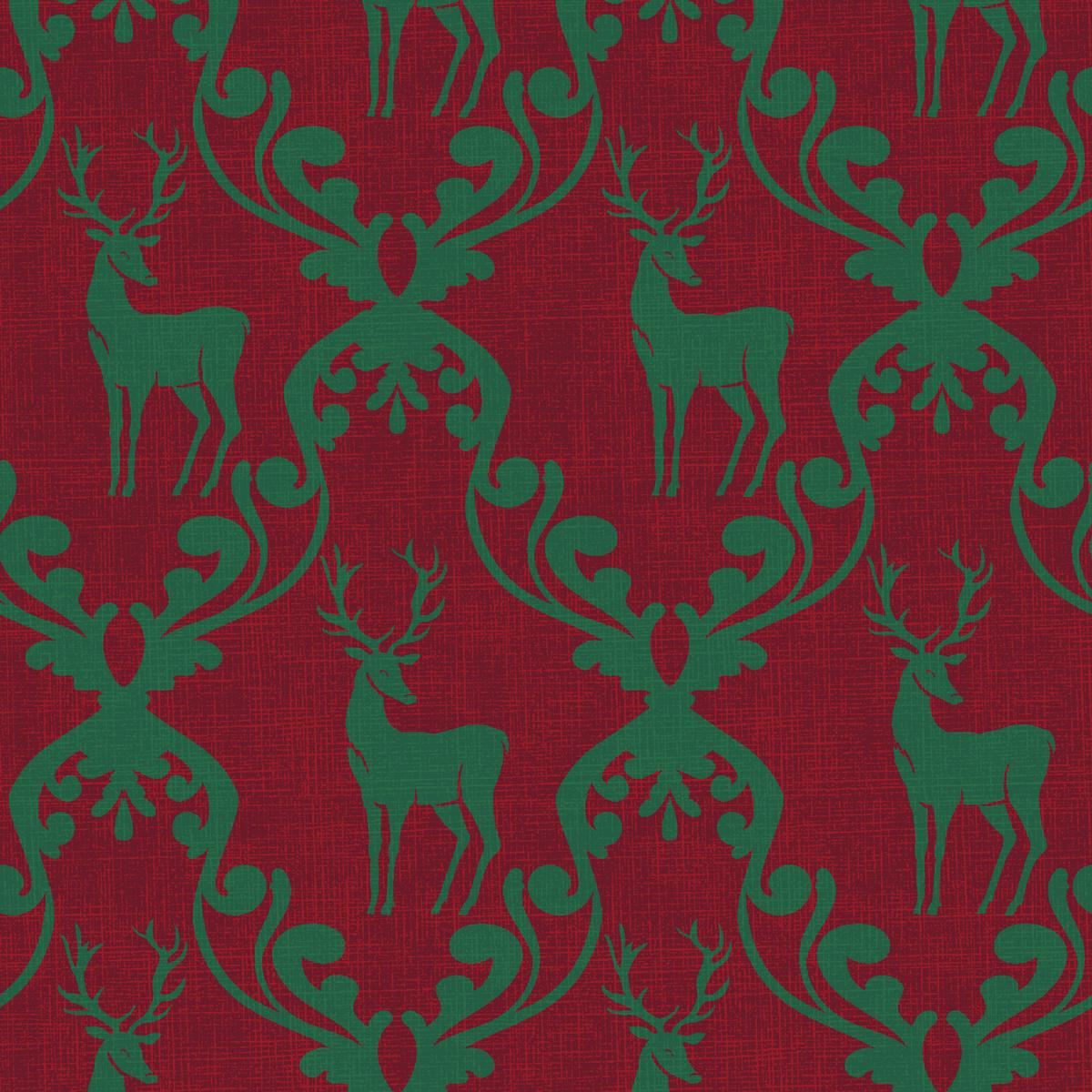 Damask Holiday Deer on Green & Red Fabric