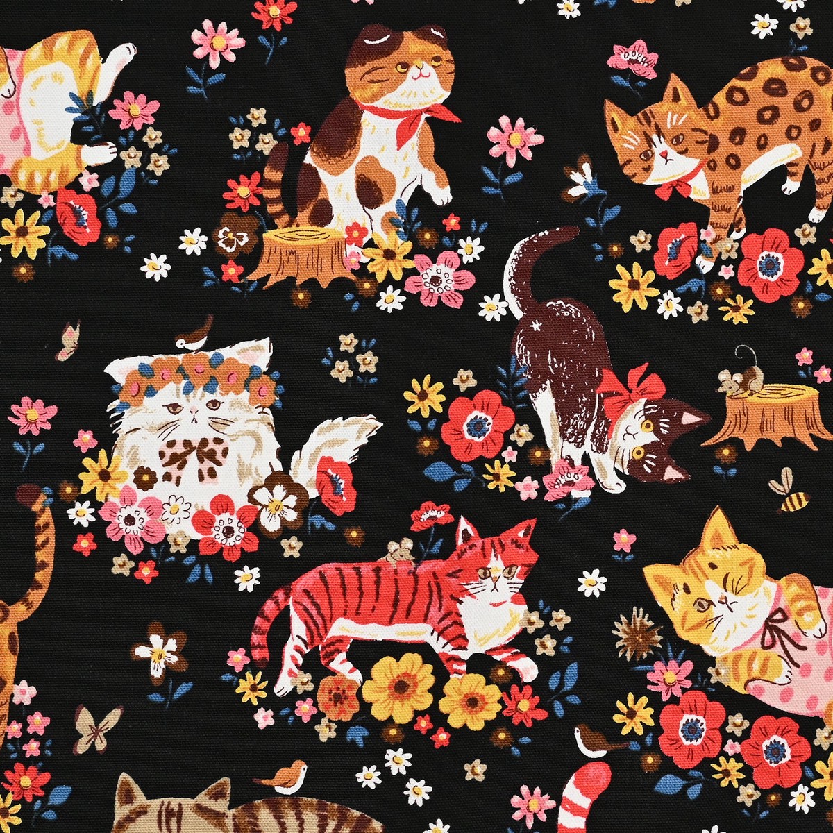 Powerful Animal Cats Flower Garden Cotton Oxford – Black YGA-81050-1