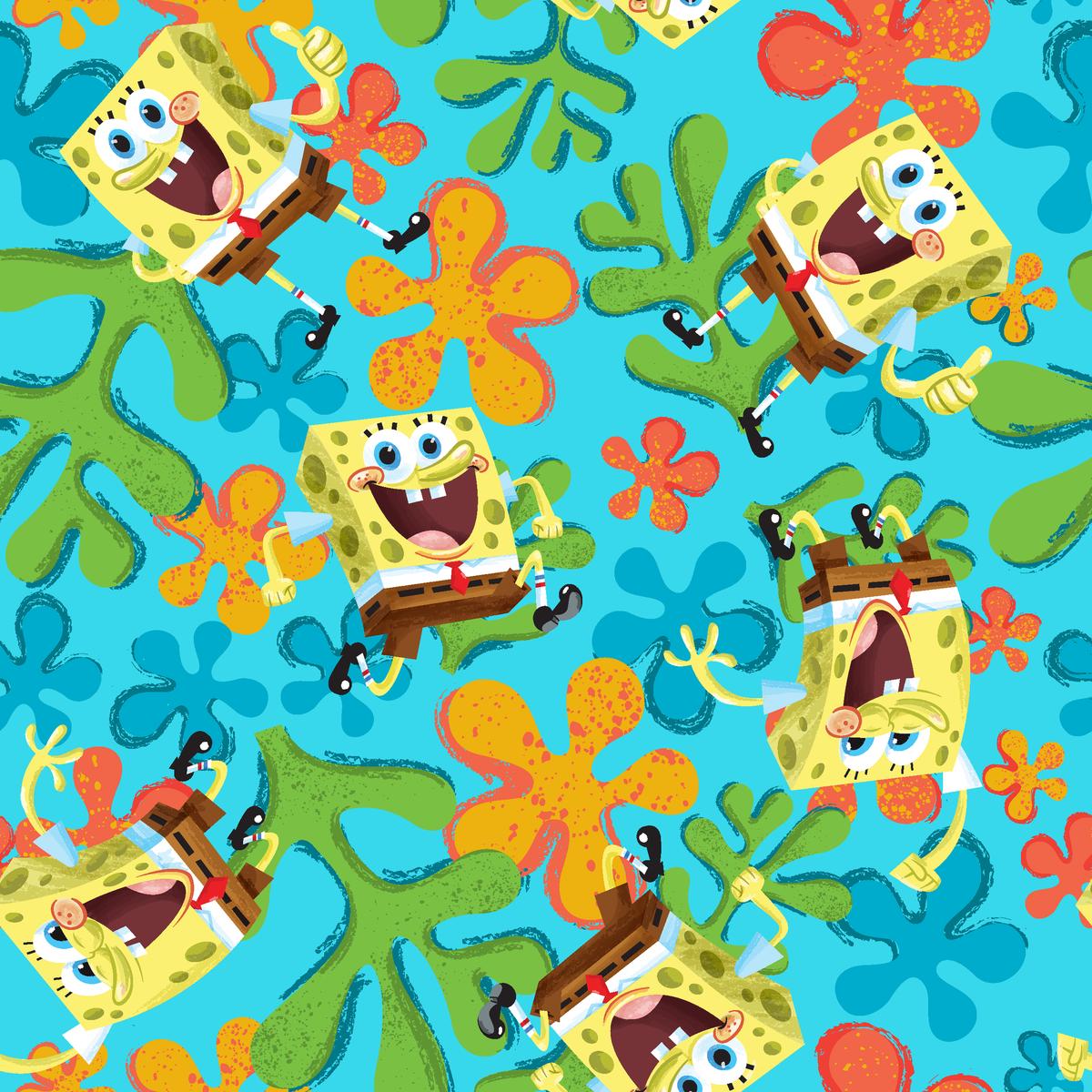 SpongeBob Tropical Toss on Turquoise Fabric