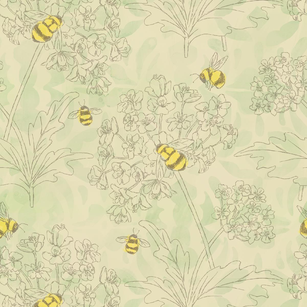Susan Winget Bee Floral Sketch on Sage Green Fabric