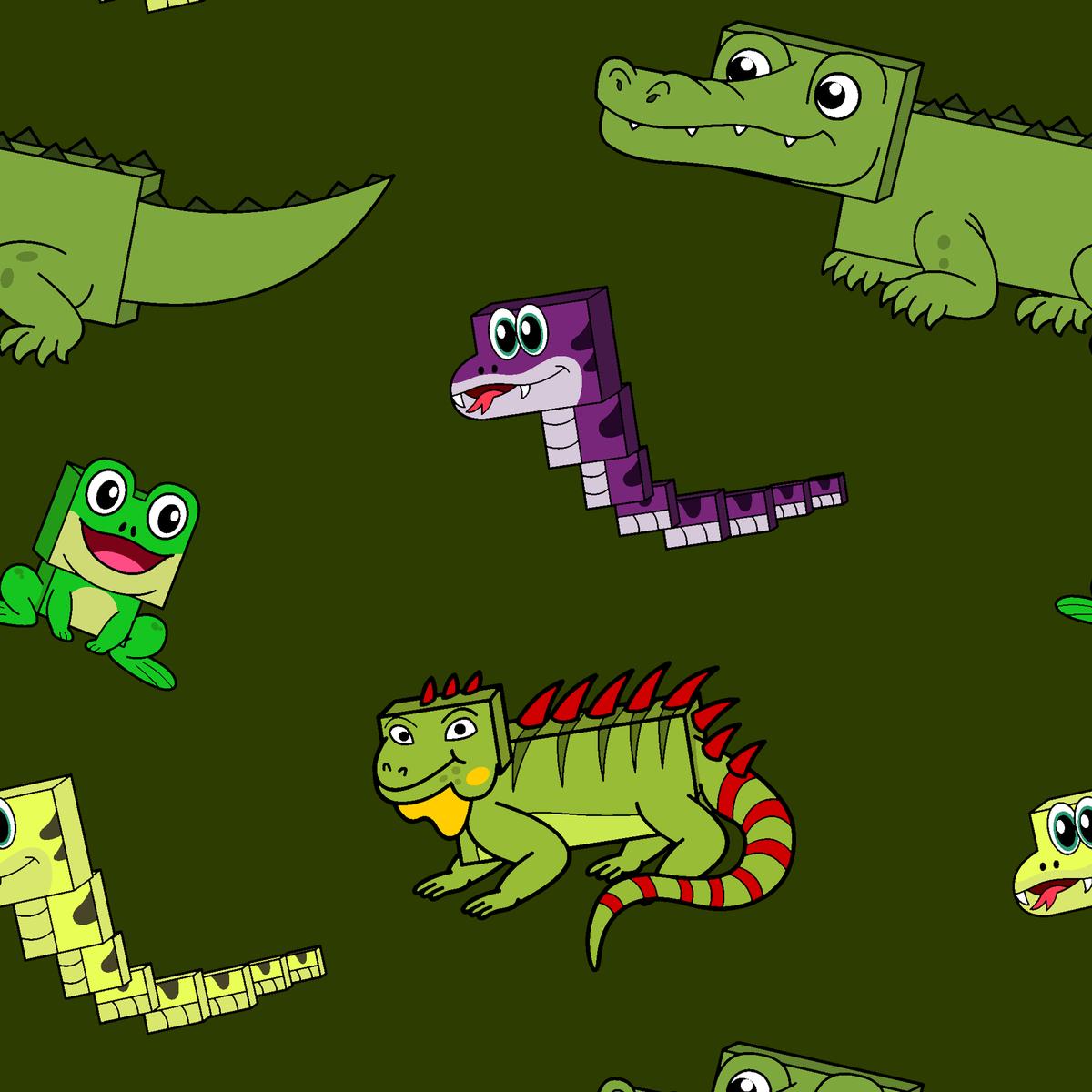 English Tree Cartoon Reptiles on Green Fabric