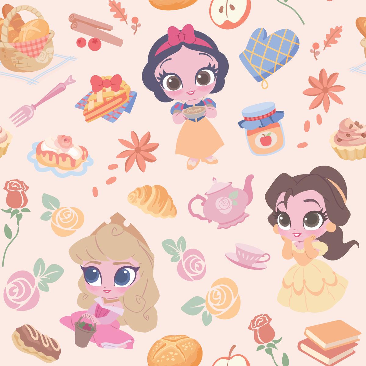 Disney Princess Tea Party on Pink Fabric