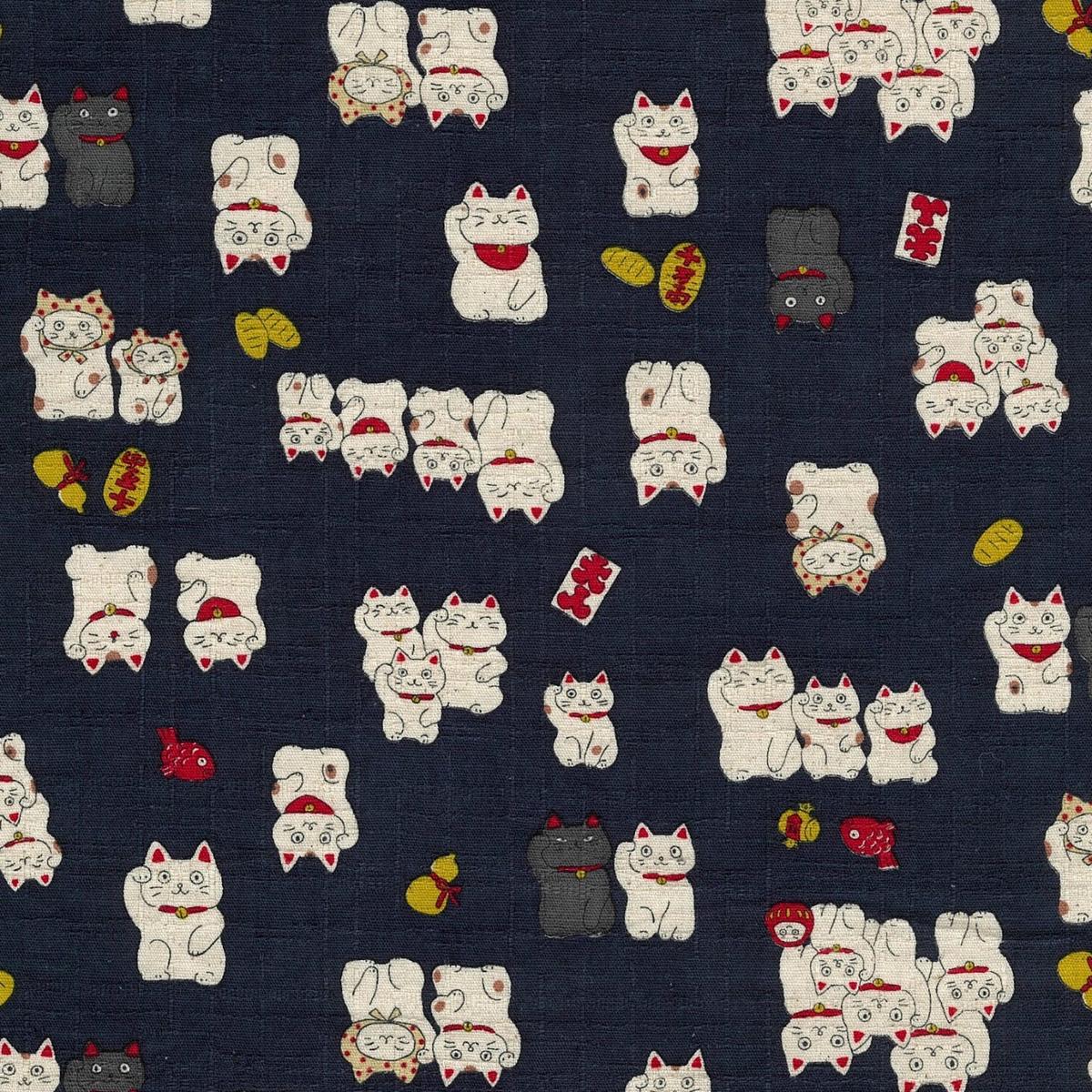 Funny Japan Lucky Cats Cotton Dobby – Navy YKA-31060-1