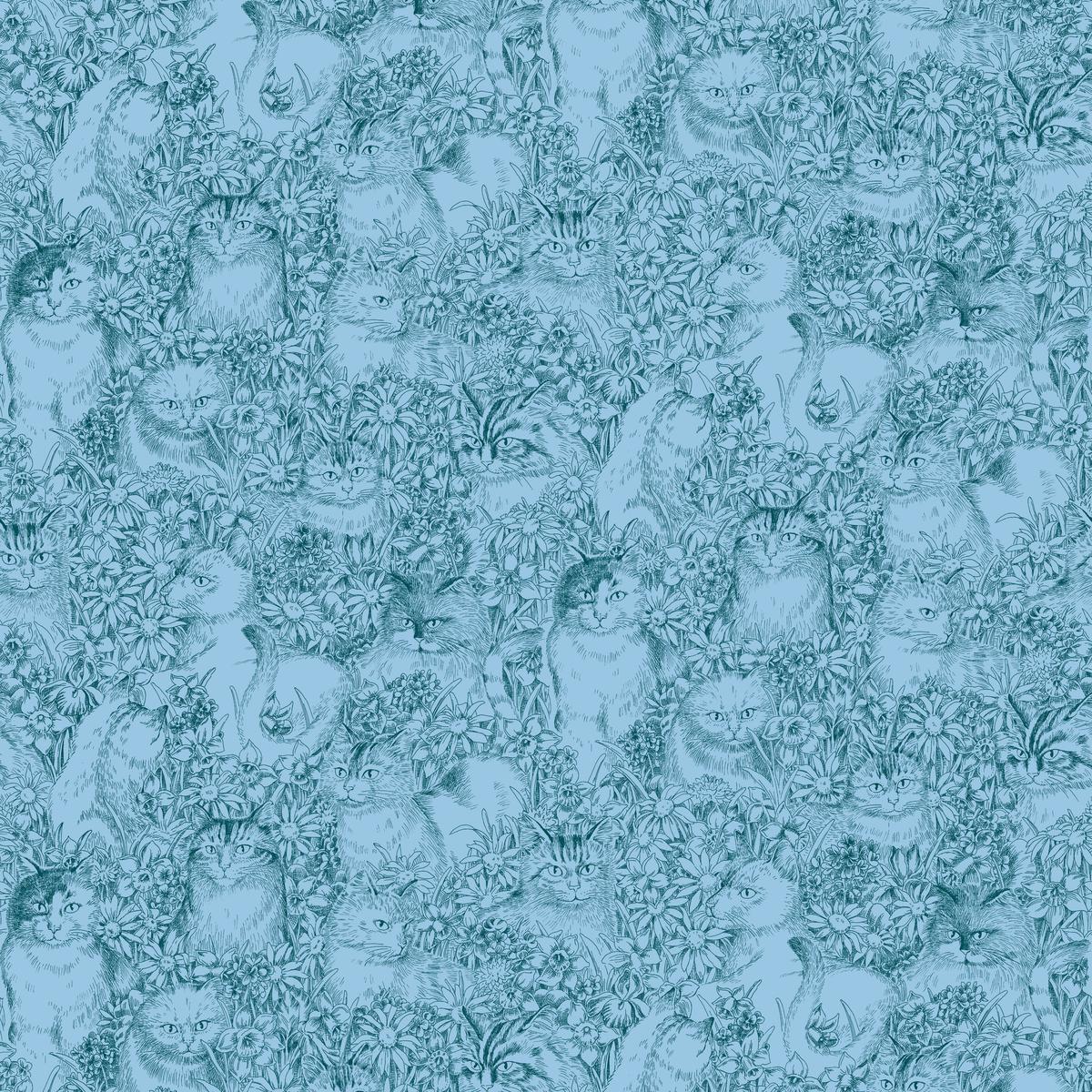 Floral Cat Sketch on Blue Fabric
