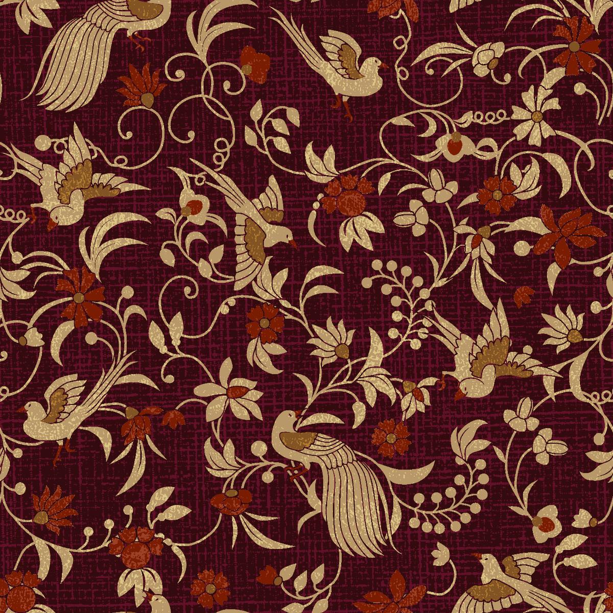 Bird Floral Toile on Burgundy Fabric