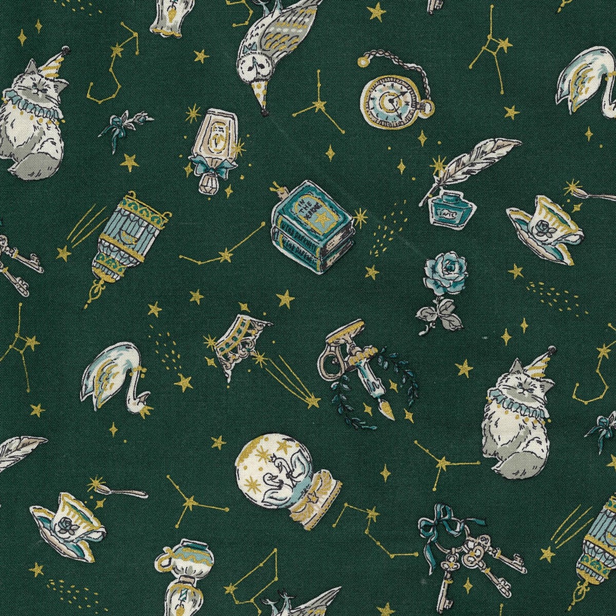 Constellation Cats Cotton Sheeting – Green