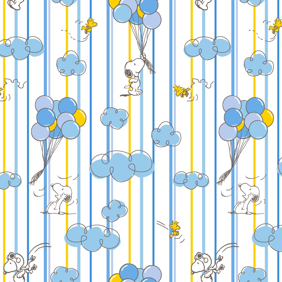 Peanuts Balloon Adventures on Blue Stripes Fabric