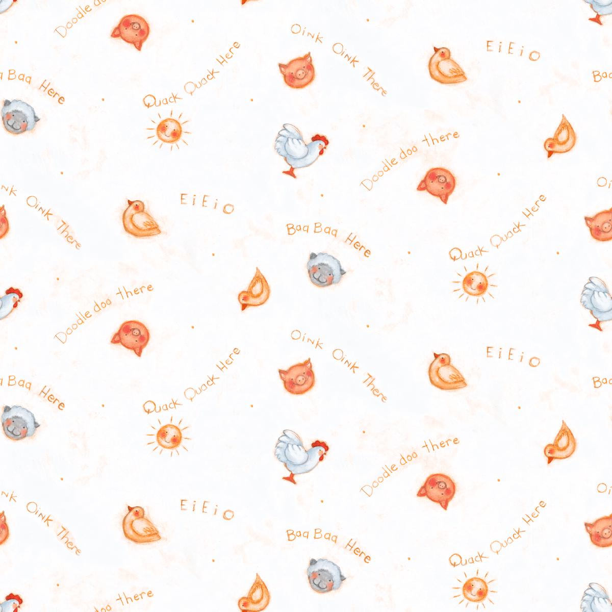Susan Winget Barnyard Animals EIEIO on White Fabric