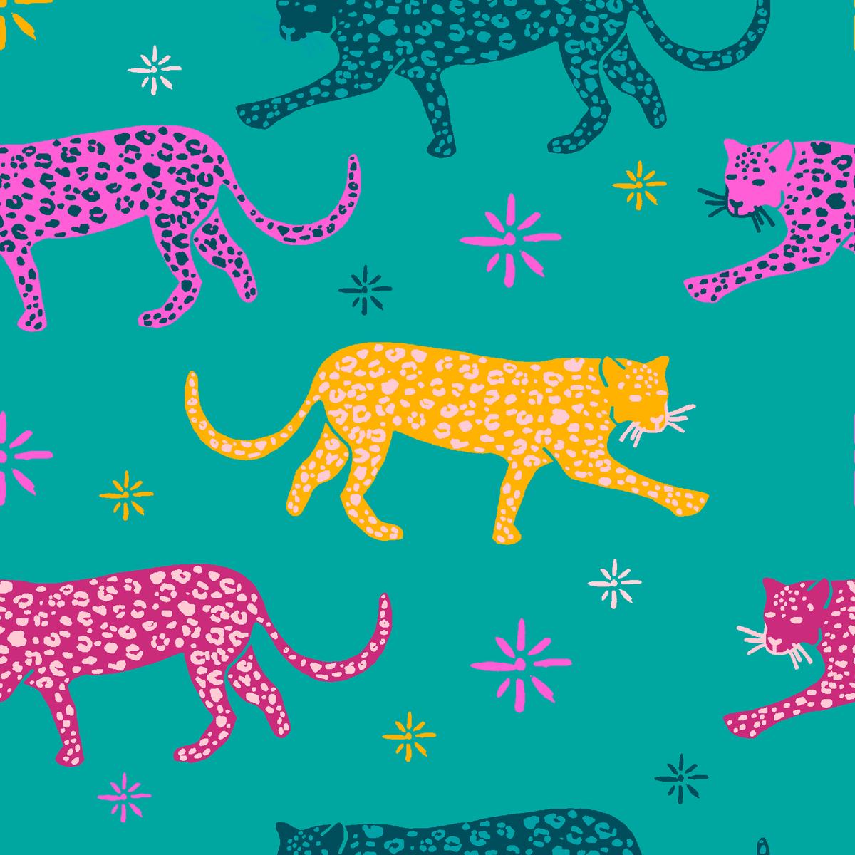 EttaVee Colorful Leopards on Turquoise Fabric