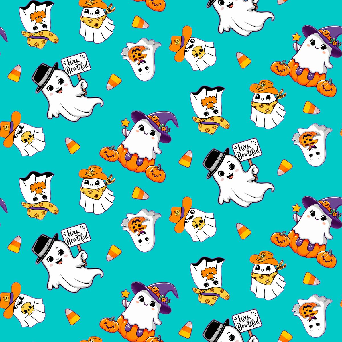 Kate Ward Thacker Halloween Bootiful Ghosts on Aqua Fabric