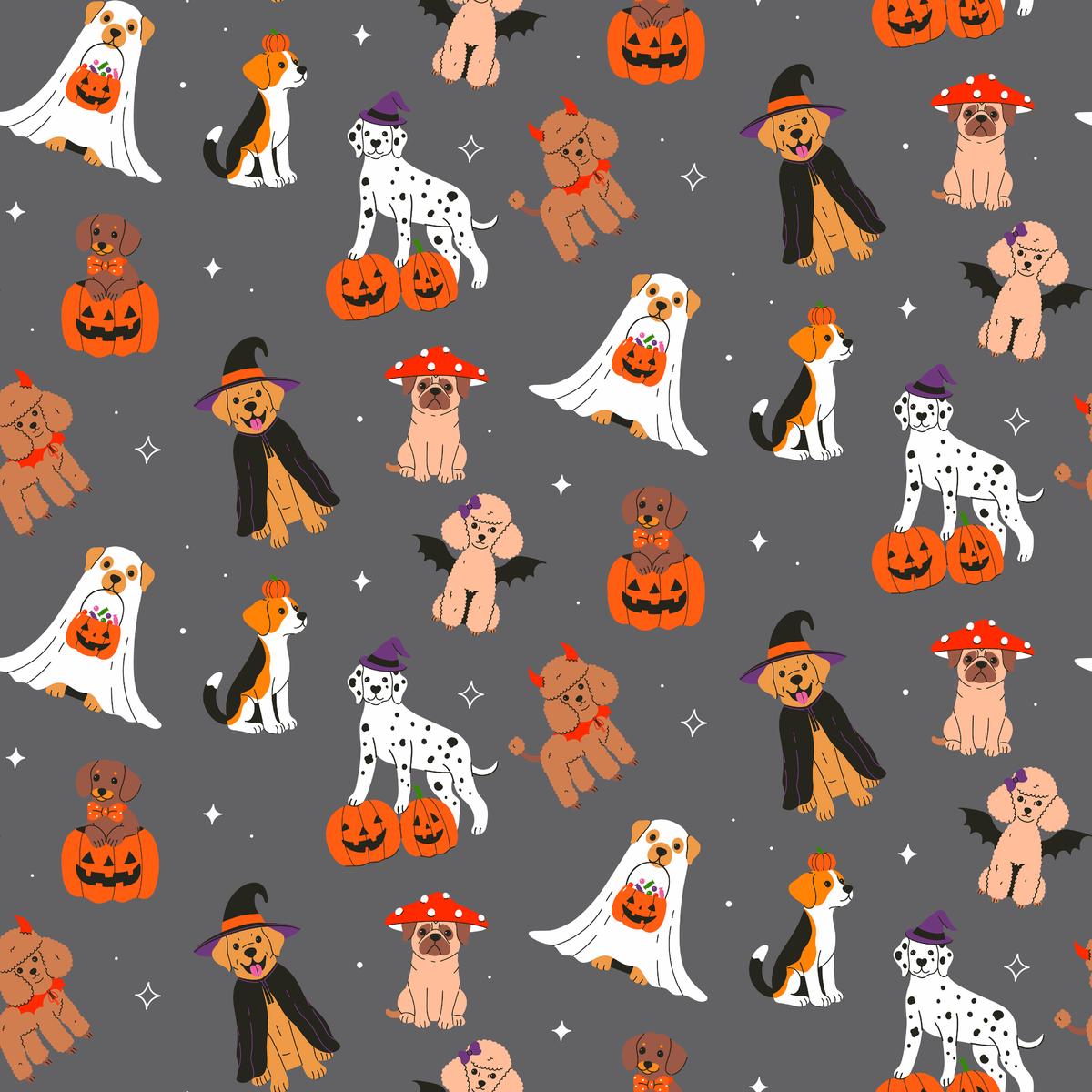 Kate Ward Thacker Halloween Dogs on Grey Fabric