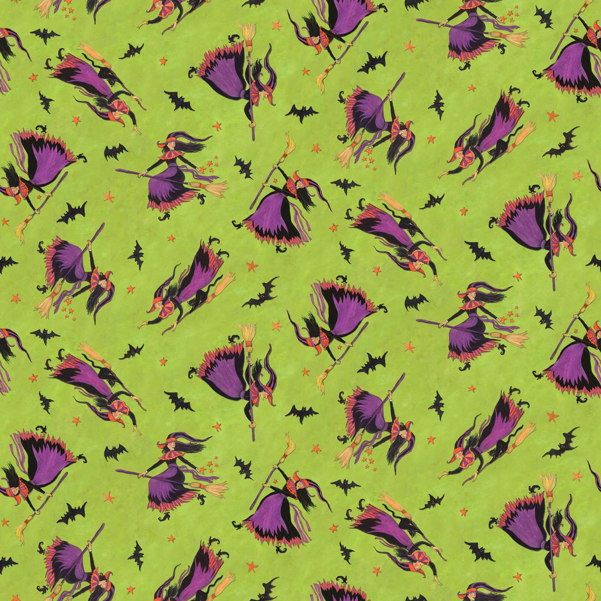 Susan Winget Enchanted Witches on Green Fabric