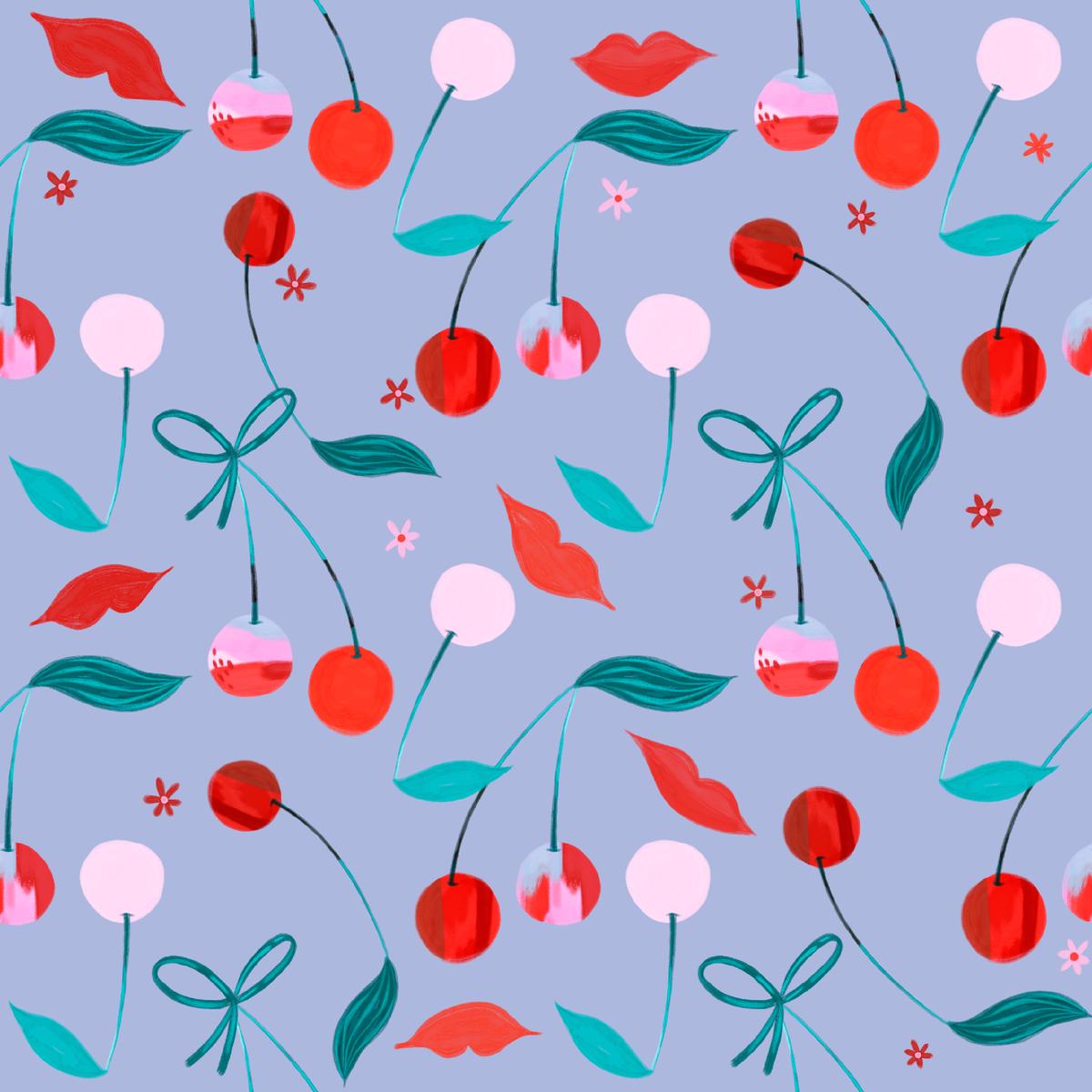 EttaVee Cherry Kiss on Purple Fabric