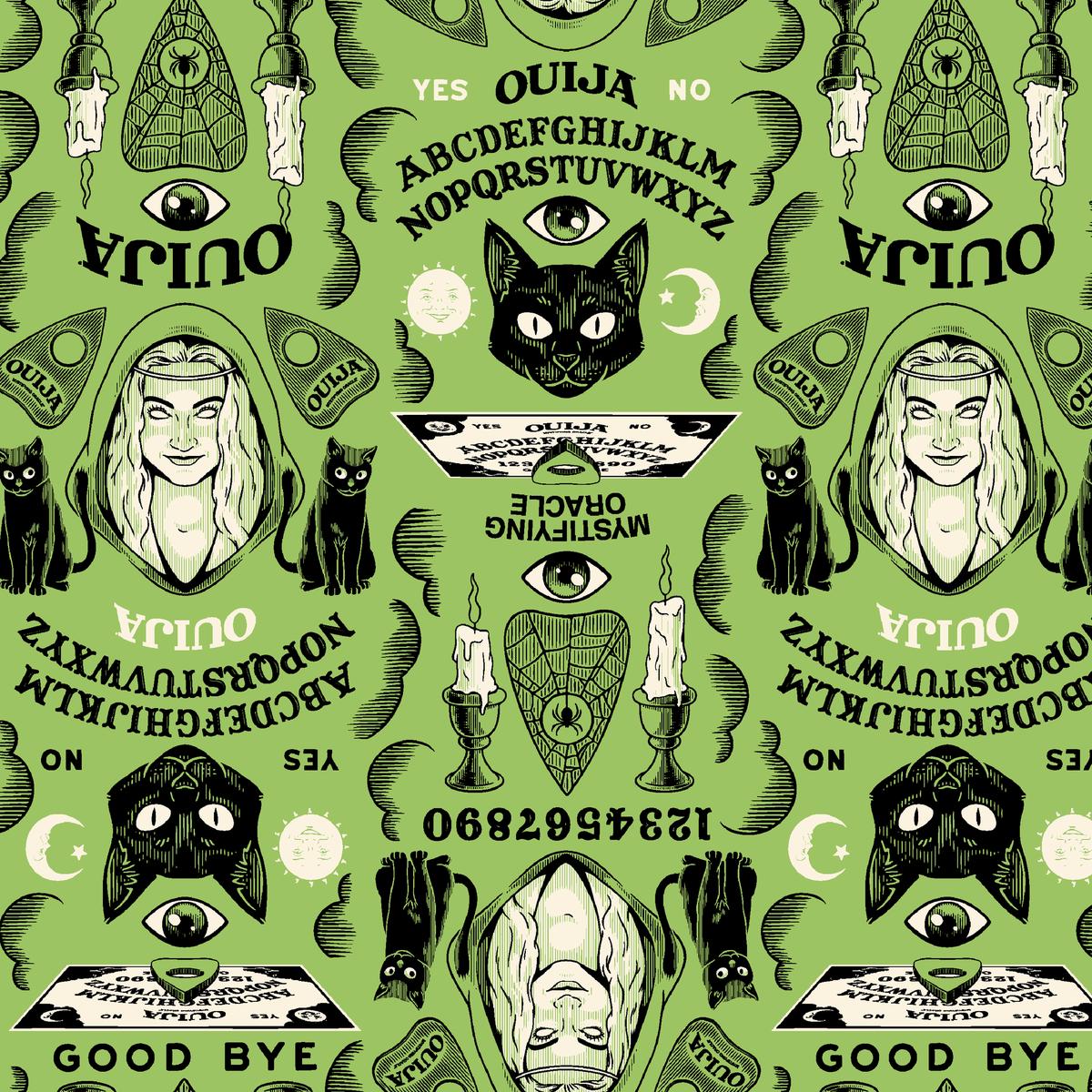 Ouija Mystical Board on Green Fabric