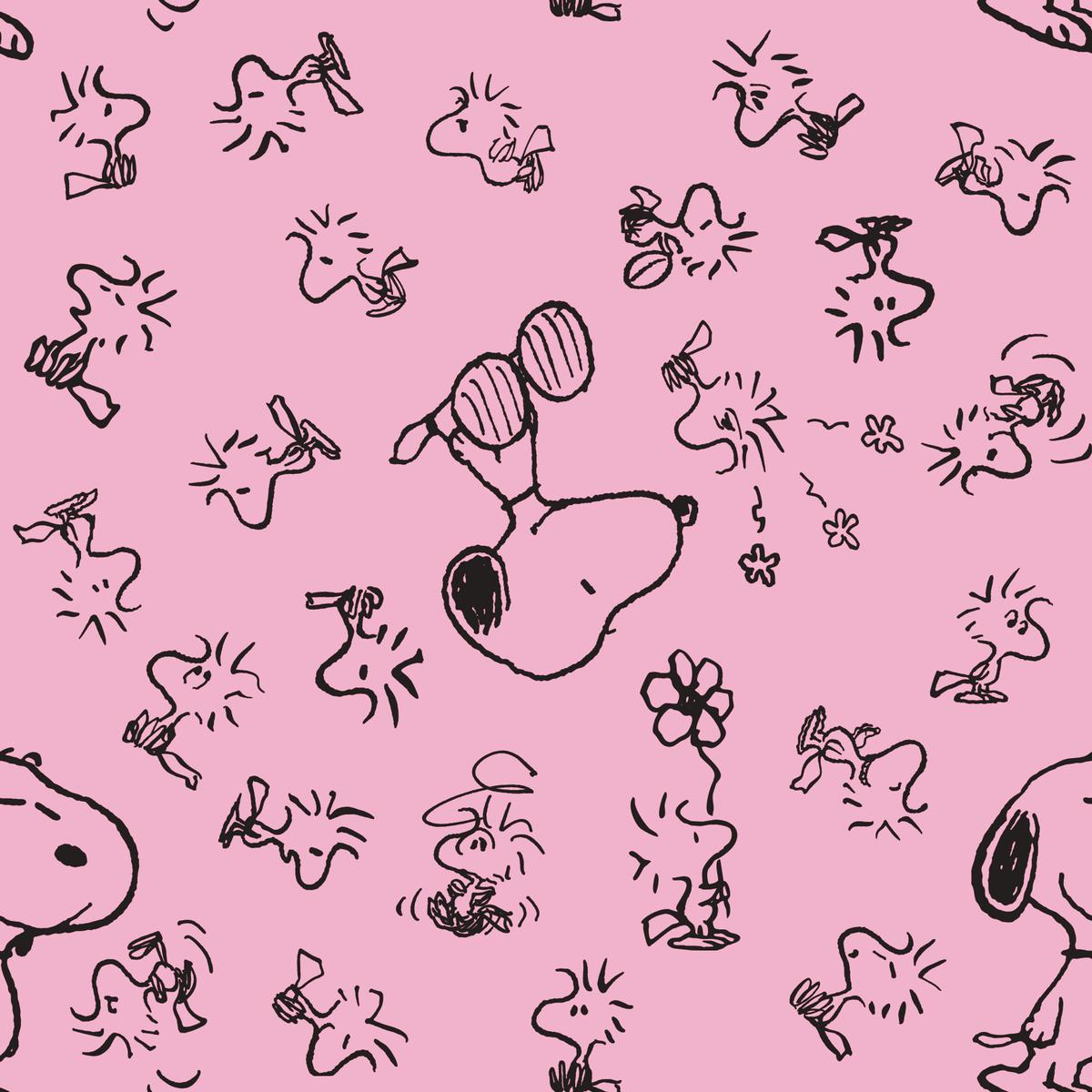 Peanuts Snoopy and Woodstock Sketch on Pink Fabric