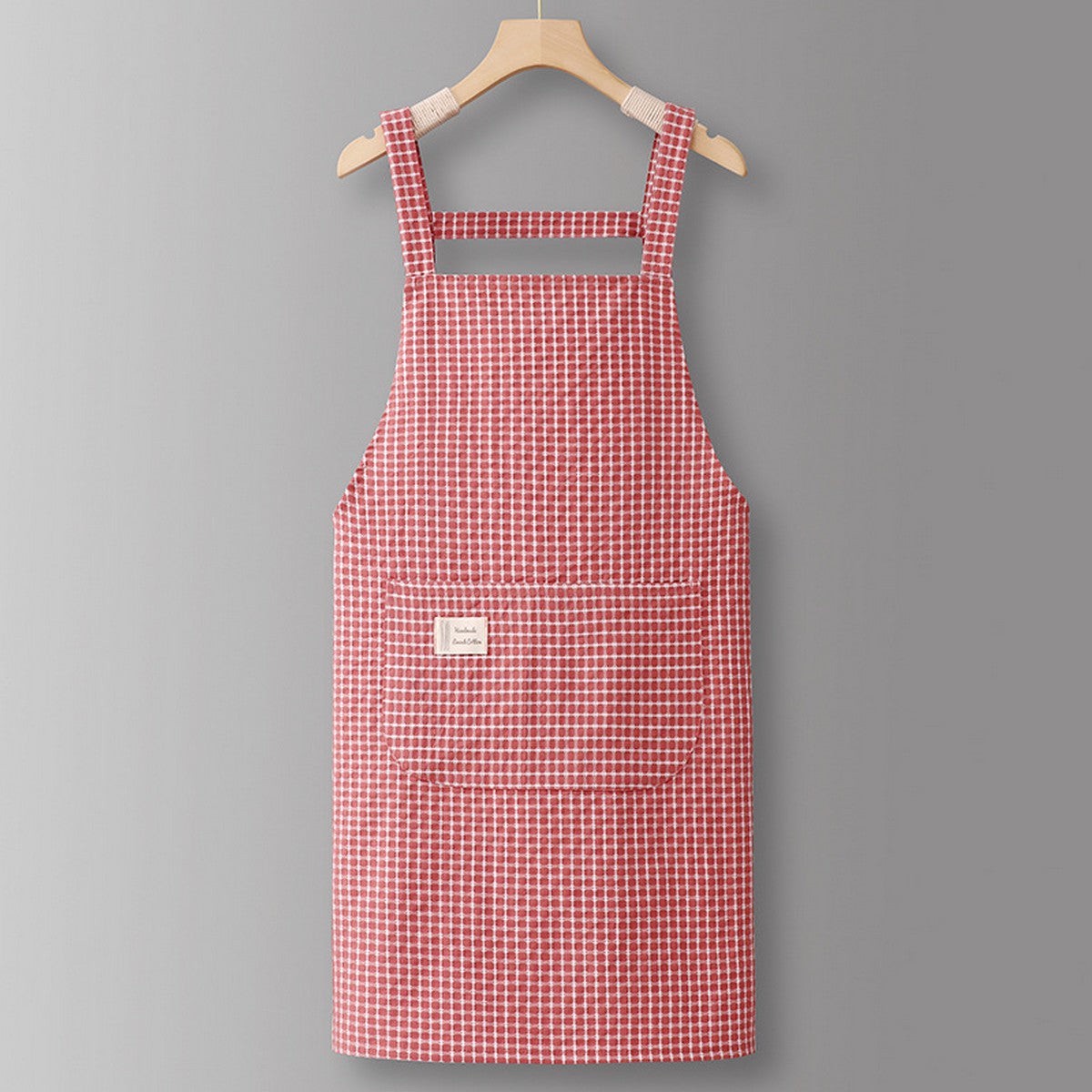 Coral Red Grid Kitchen Apron with Pocket