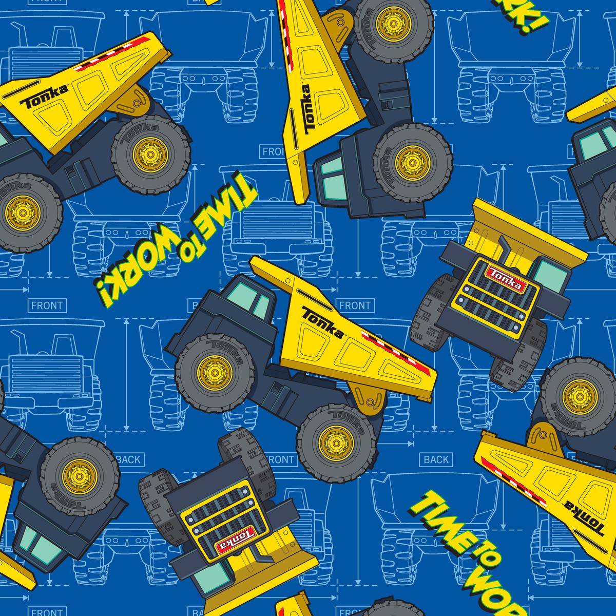Hasbro Time to Work Yellow Construction Trucks on Blue Fabric