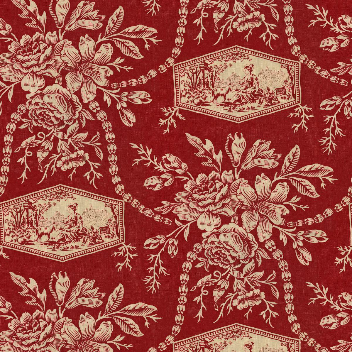 Vintage Toile Floral on Rich Red Fabric