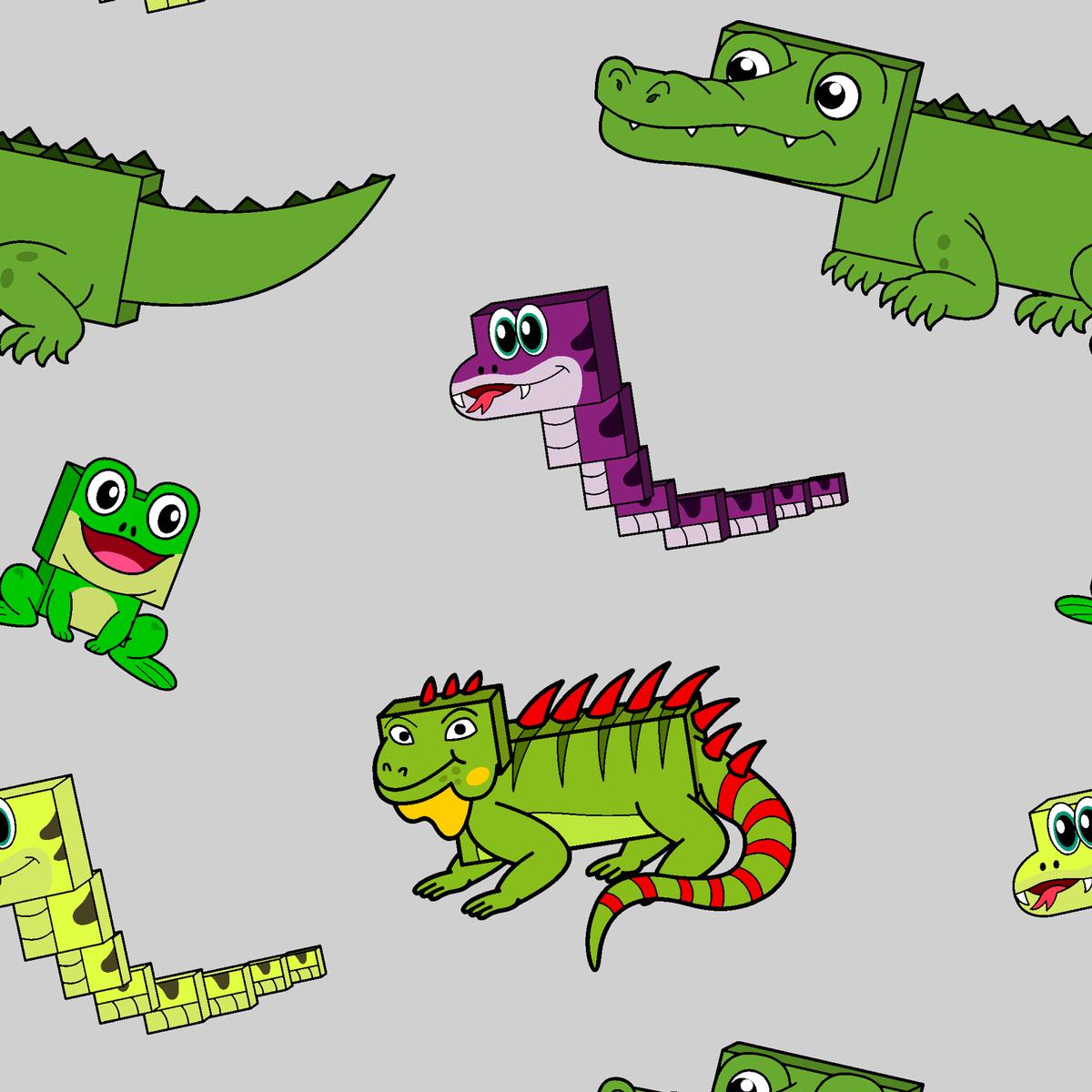English Tree Cartoon Reptiles on Grey Fabric