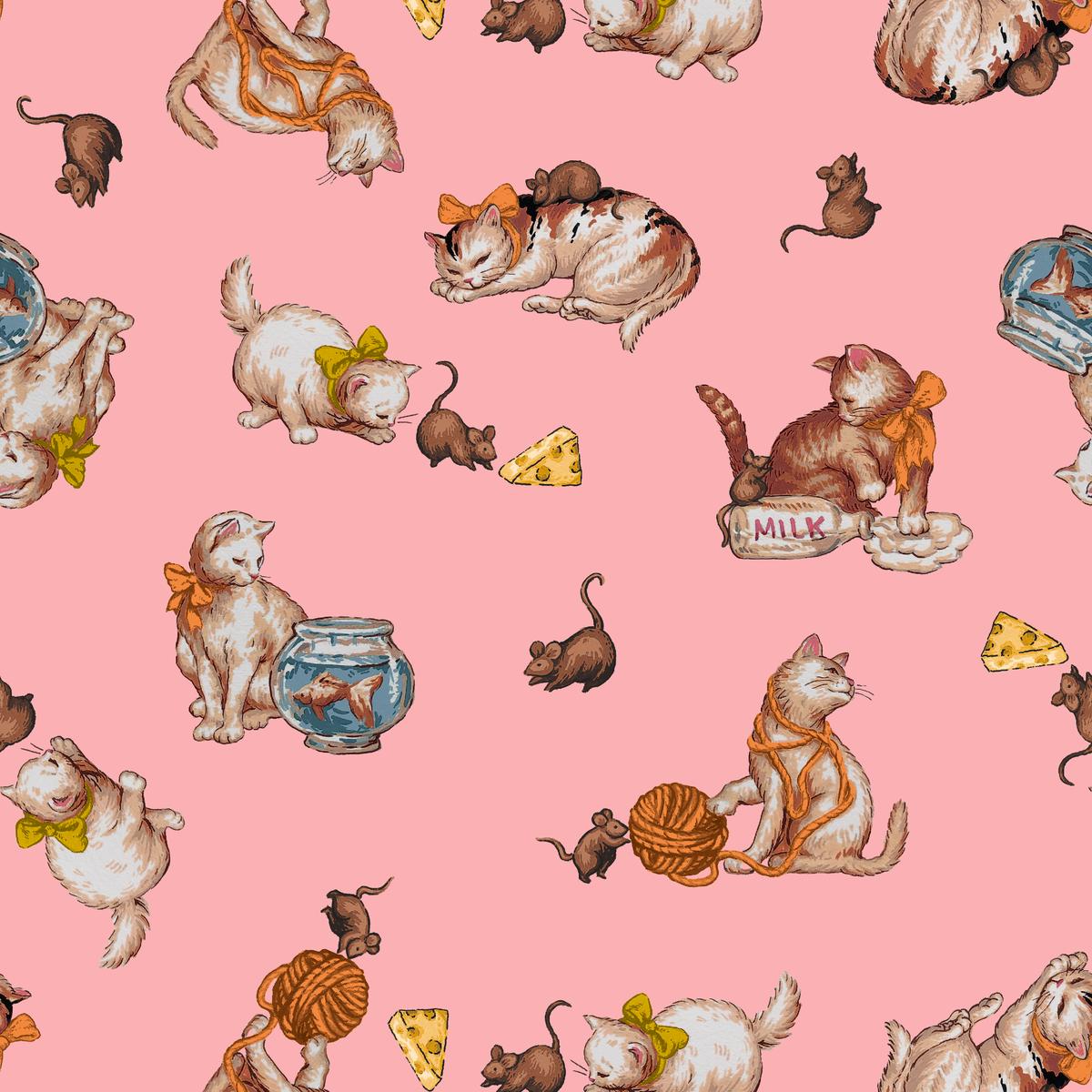 Mischievous Kitty on Pink Fabric