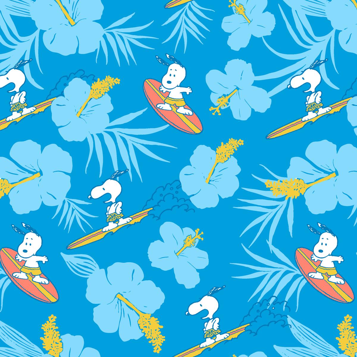 Peanuts Snoopy Surfing on Blue Floral Fabric