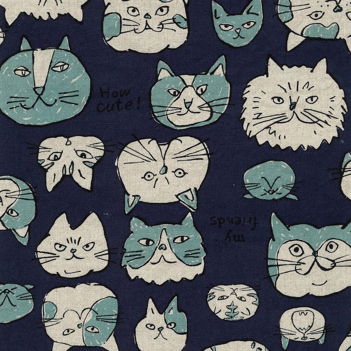 Doodle Animals Cat Cotton Linen Canvas – Navy YKA-36000-1
