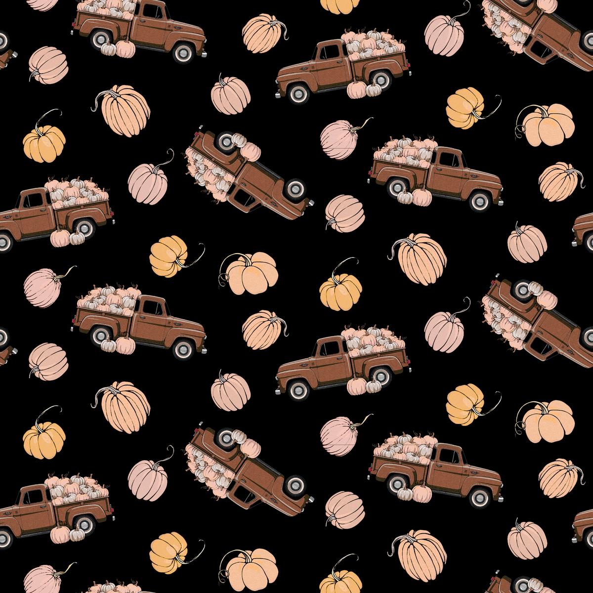 Kate Ward Thacker Fall Pumpkin Truck on Black Fabric