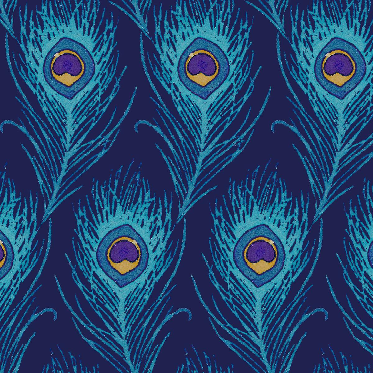 Vibrant Peacock Feathers on Blue Fabric