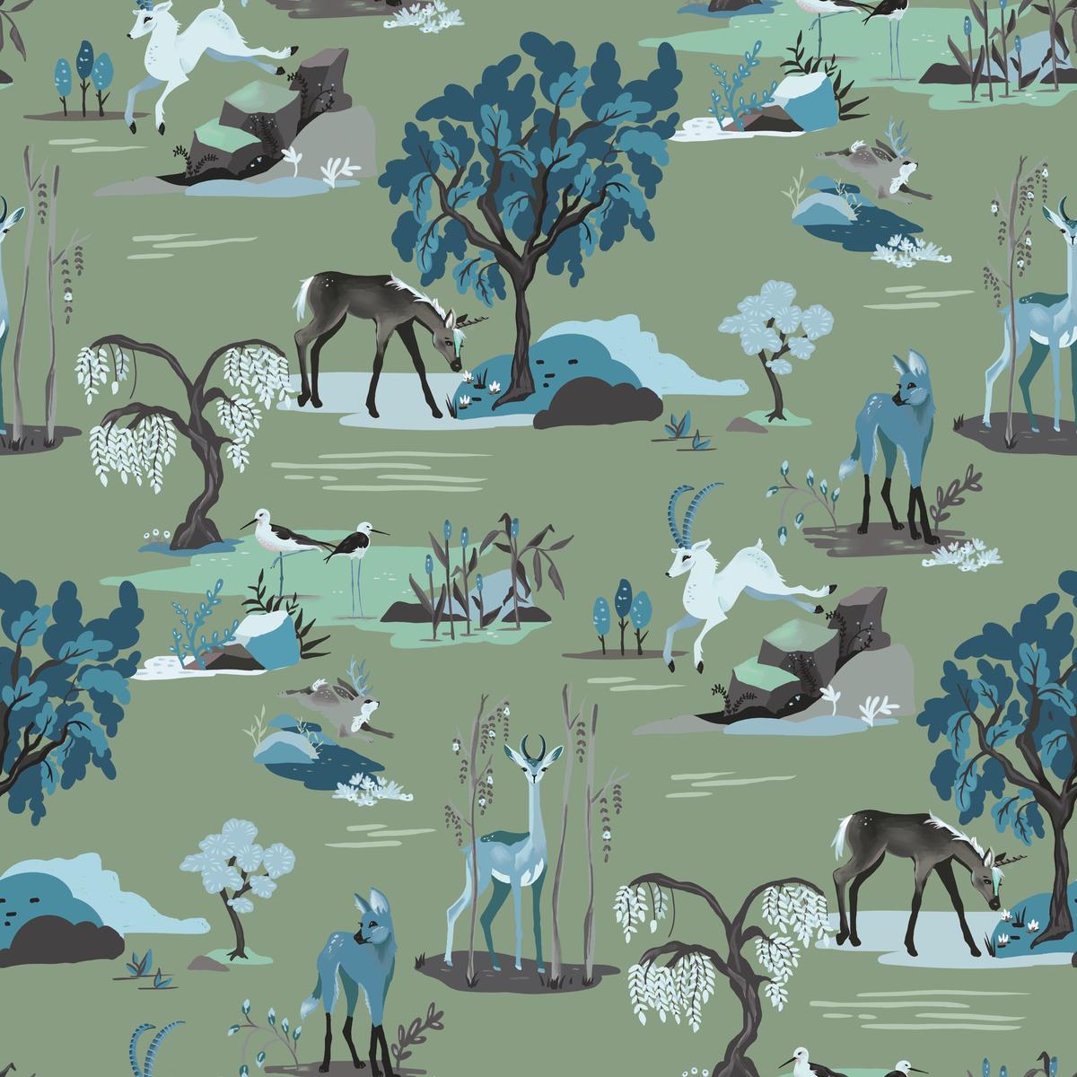 Whiskey Ginger Animals Green Fabric