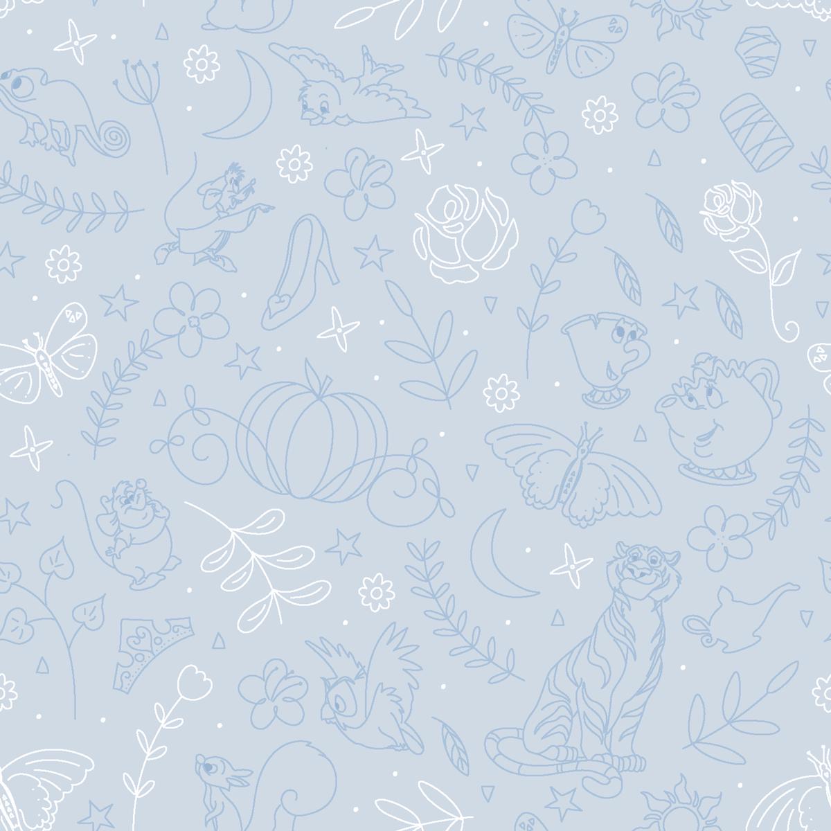 Disney Princess Friends Silhouttes on Blue Fabric