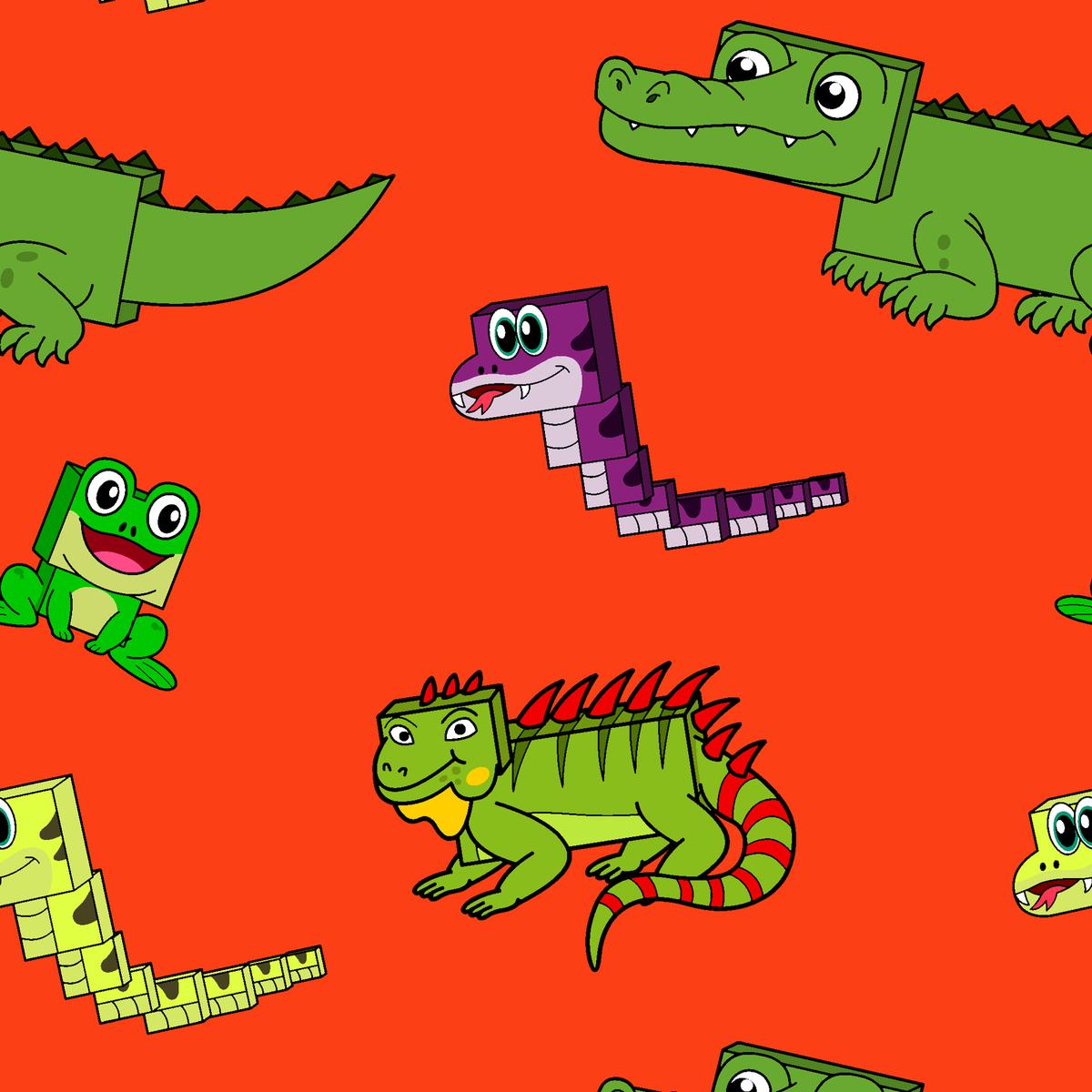 English Tree Cartoon Reptiles on Red Fabric