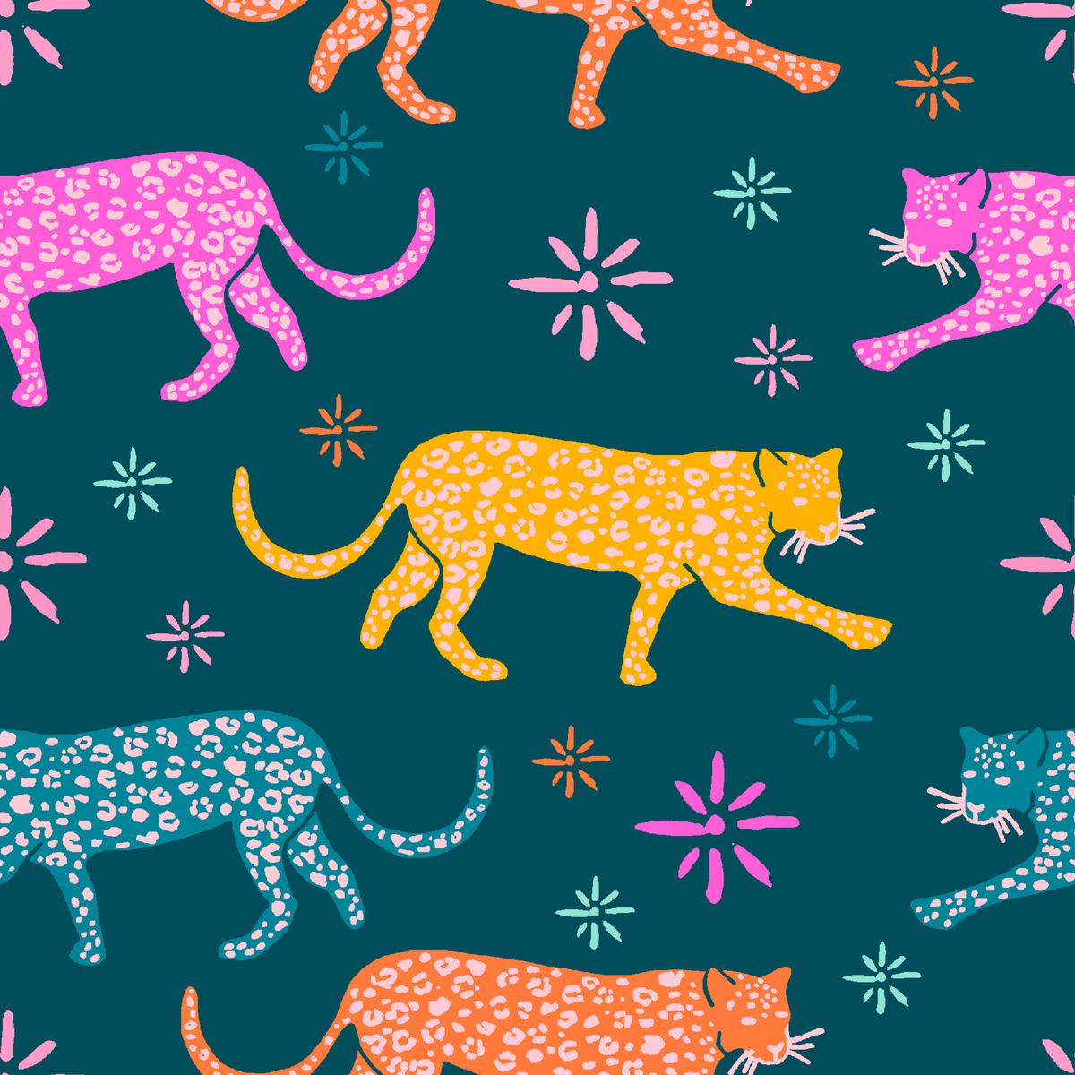 EttaVee Colorful Leopards on Teal Fabric